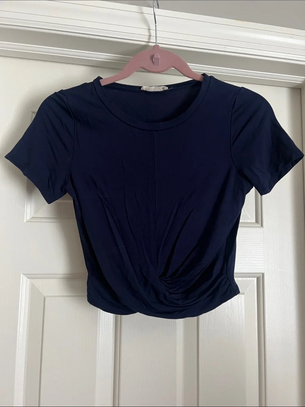 Twist-Hem Navy Short Sleeve Crop Top - Picture 1 of 3